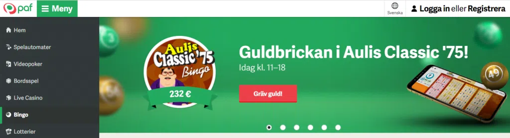 PAF Bingo meny
