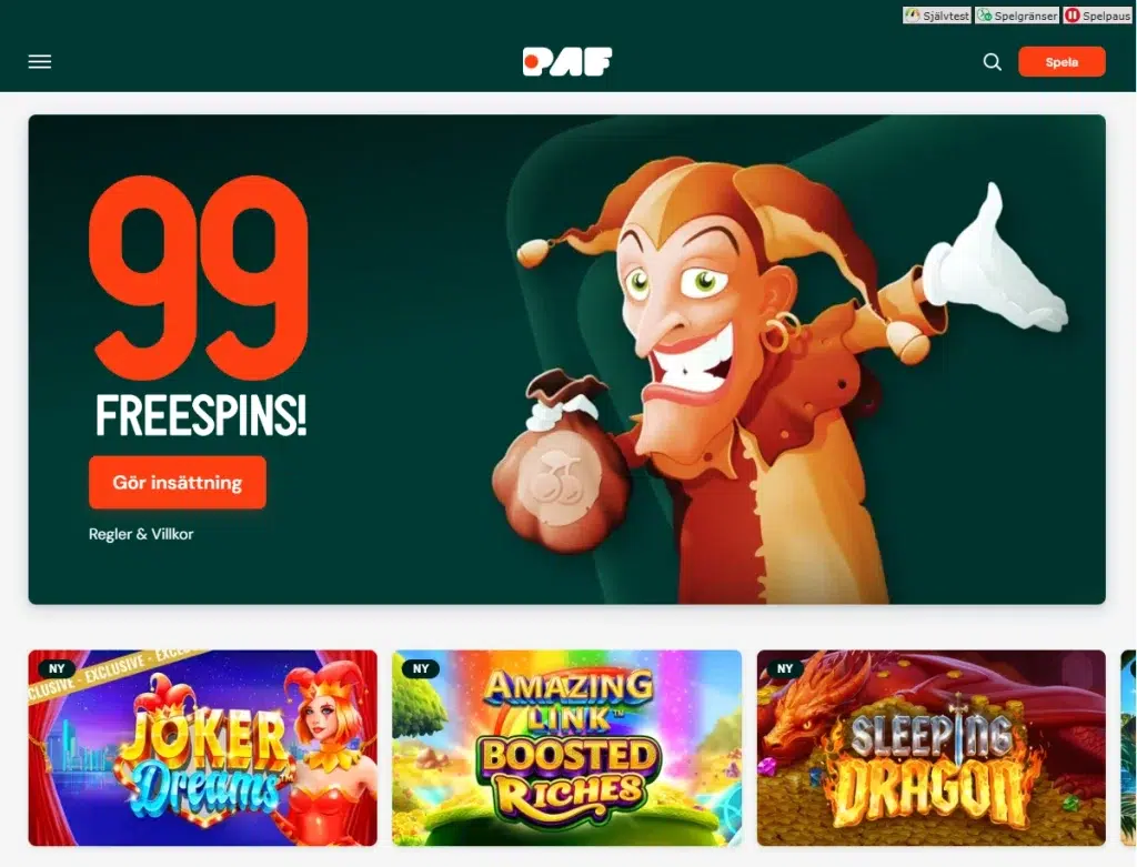 RAF Casino Recension 2 PAF Casino Startsida 1