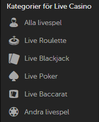Betsafe - Live Casino (Kategorier)