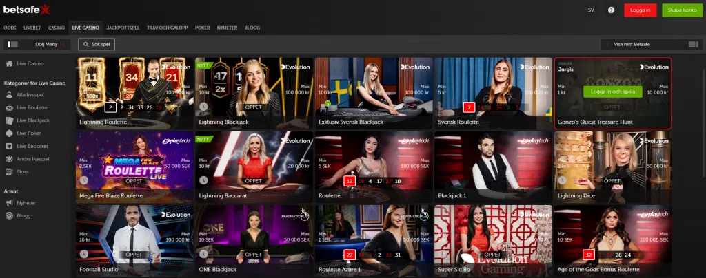Betsafe Live Casino Lobby