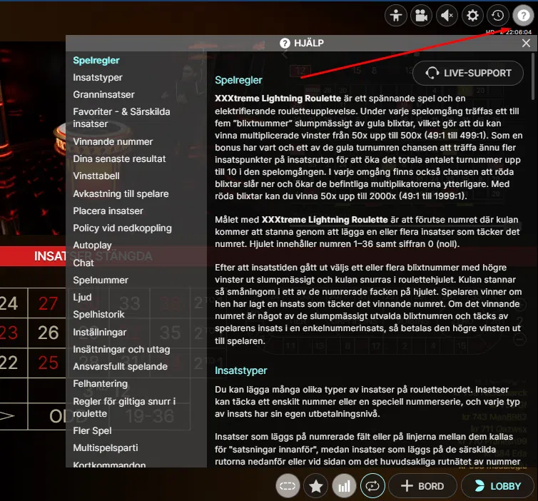 XXXtreme Lightning Roulett - Spelregler ruta