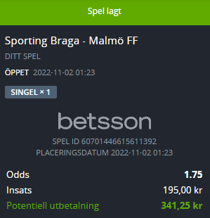 Sporting Barga Malmo FF Speltips 3 Nov 2022
